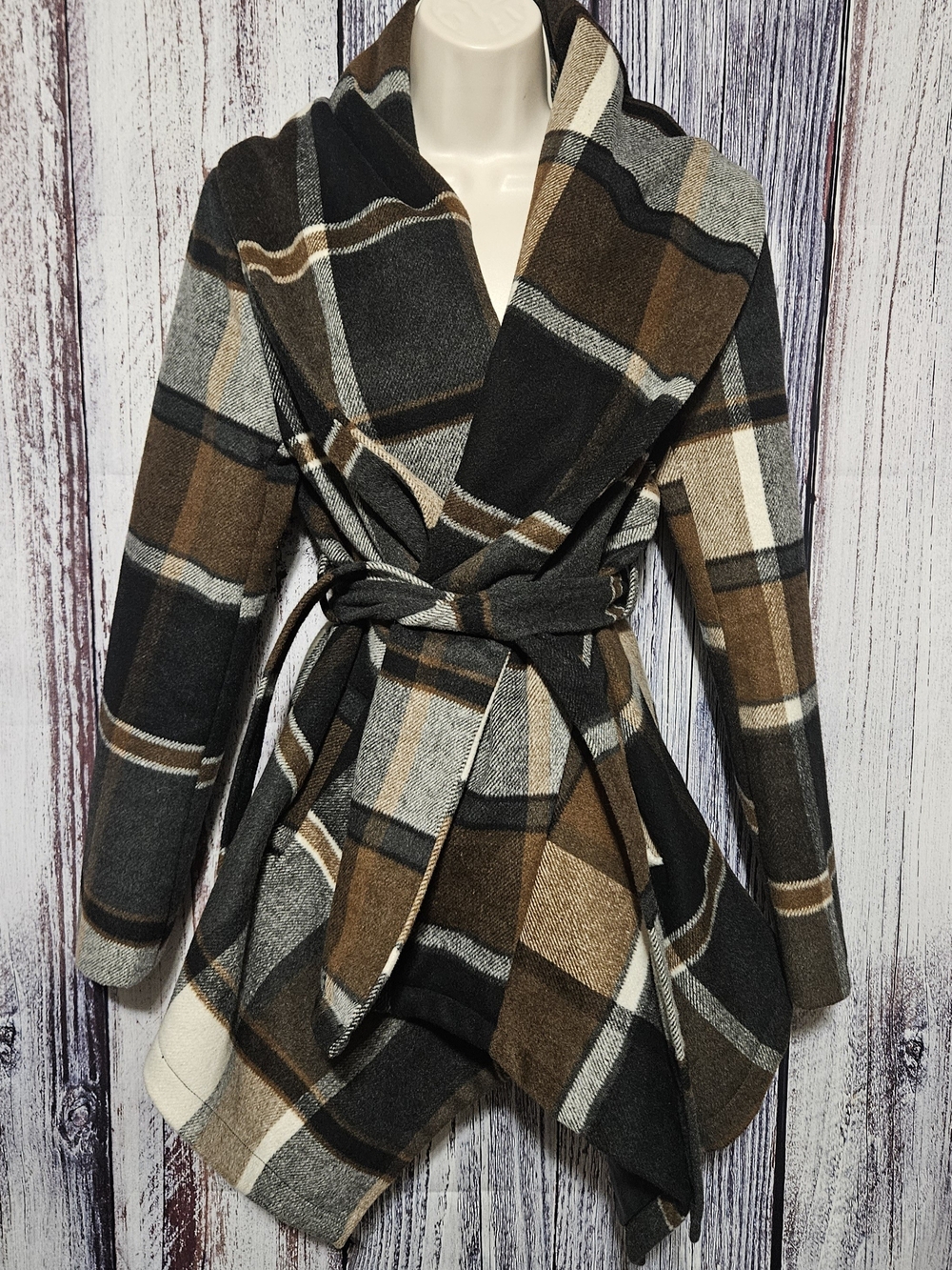 Plaid Wrap Belted Cardigan Jacket - Brown, Black & Cream